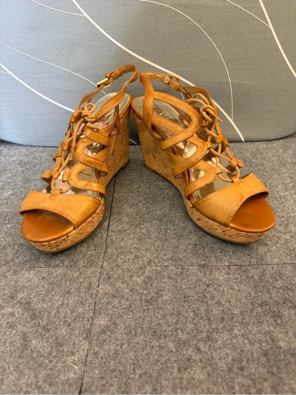 Guess Tan Cork Wedge Strappy Sandals